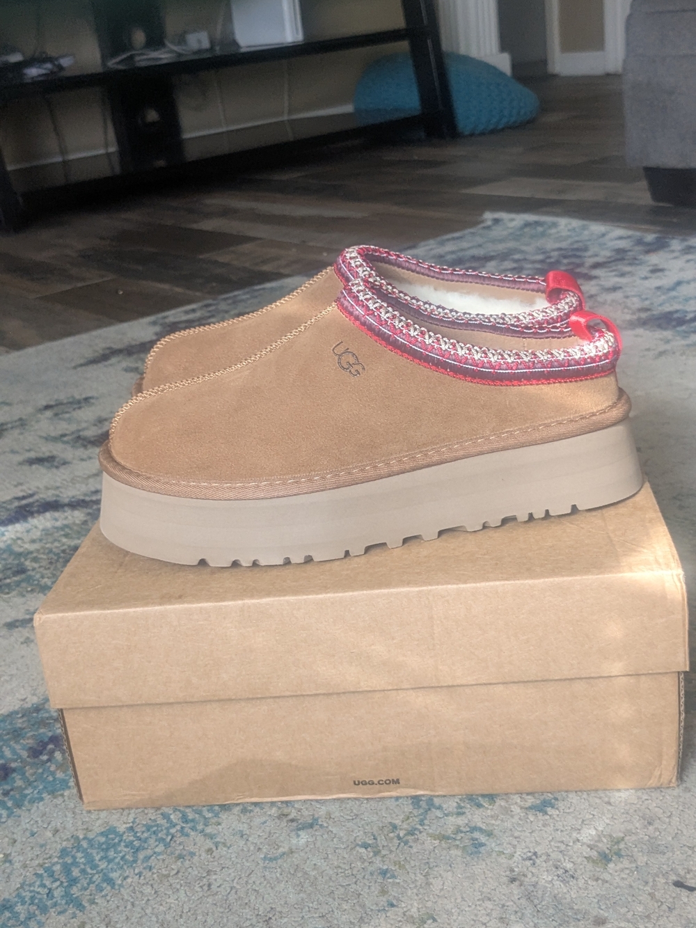 UGG Women's Chestnut Suede Slip-On Platform Clog with Red Trim